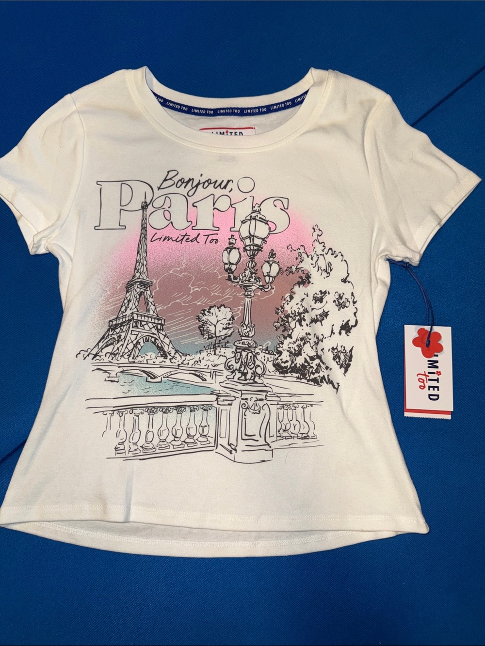 Limited Too White Tee with Pink & Light Blue Paris Graphic